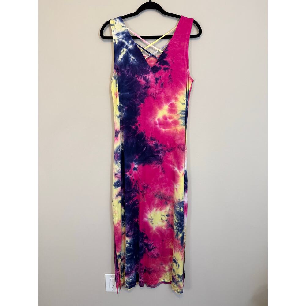 Nina Leonard Tie Dye Maxi Tank Dress L Petite Sleeveless Slit Stretch Summer - Picture 2 of 7